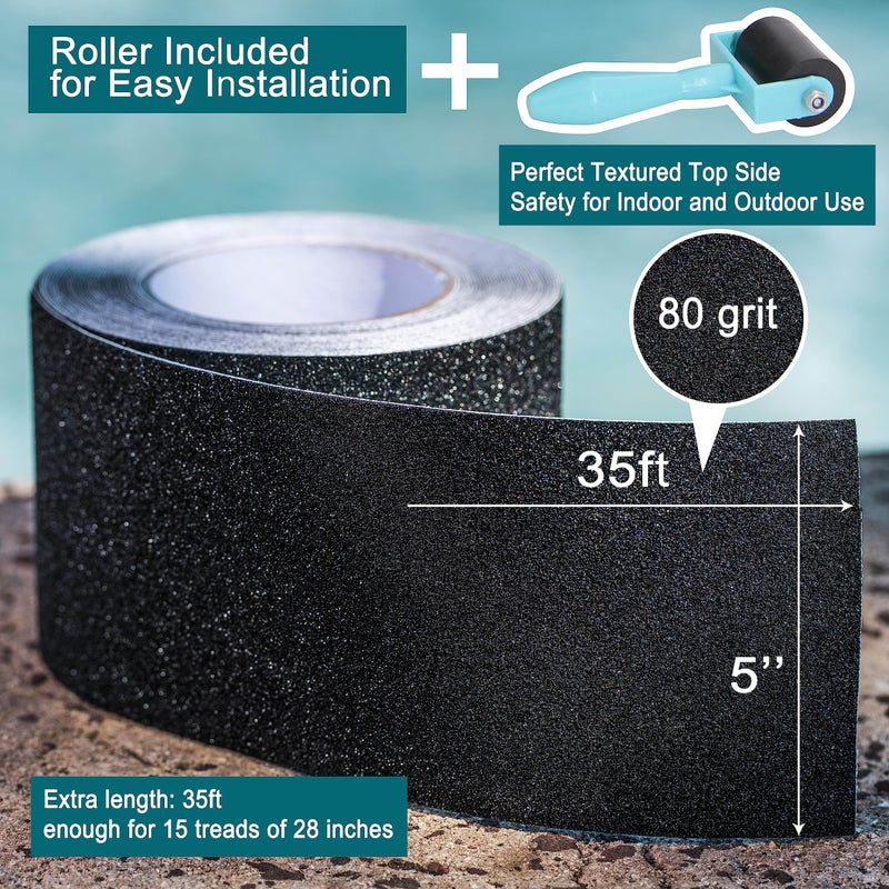 Leyibo Anti Slip Tape with Roller  5 Inch x 35 Ft Grip Tape for Stairs Outdoor/Indoor  Waterproof Non Skid Roll for Stair Treads Non Slip  High Traction Friction Abrasive Adhesive Stair Steps - Black - Image 3